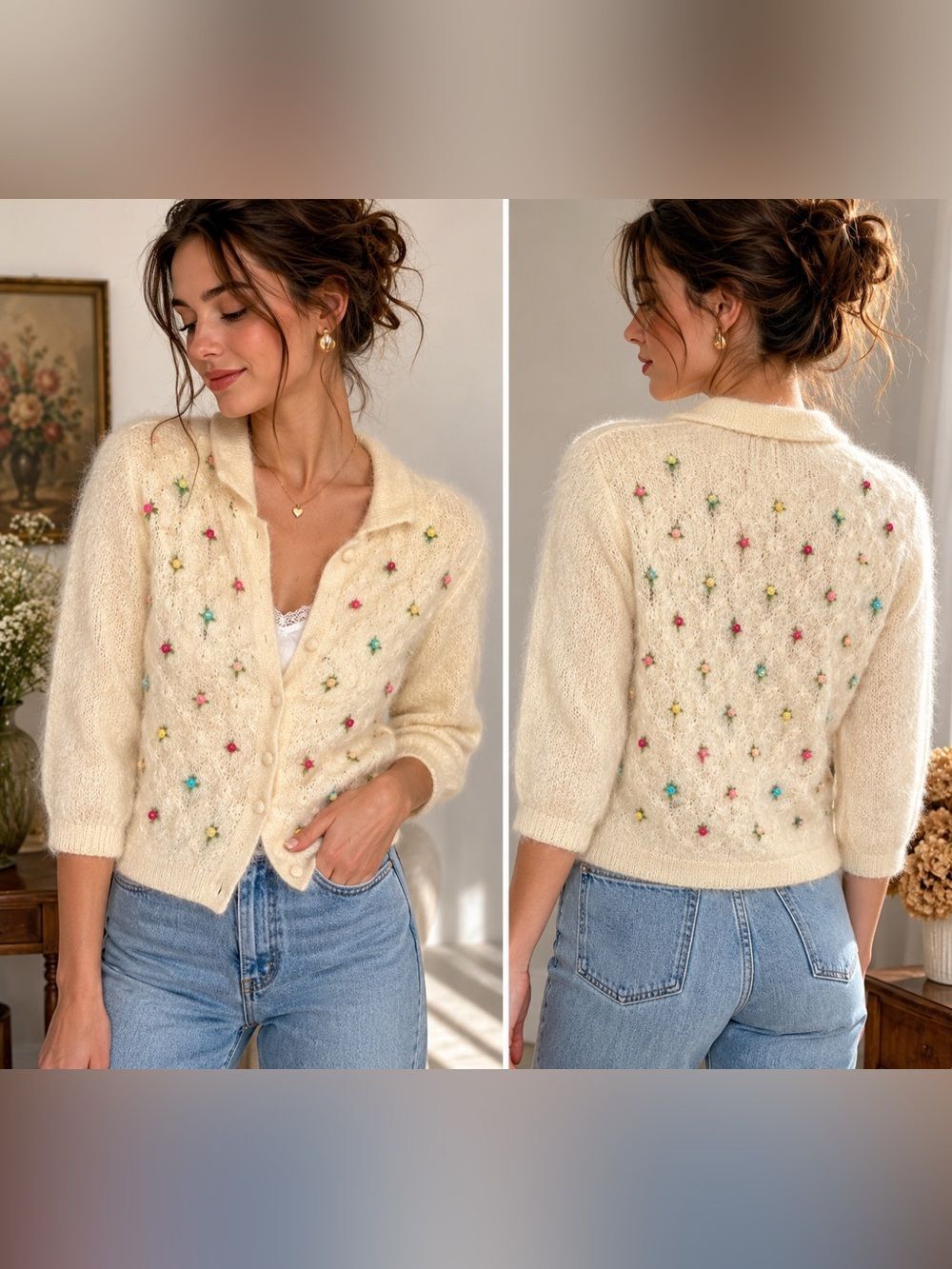 Vintage Cyn Les Mohair Cardigan Sweater Cream Floral Embroidered 60 Mohair Wool